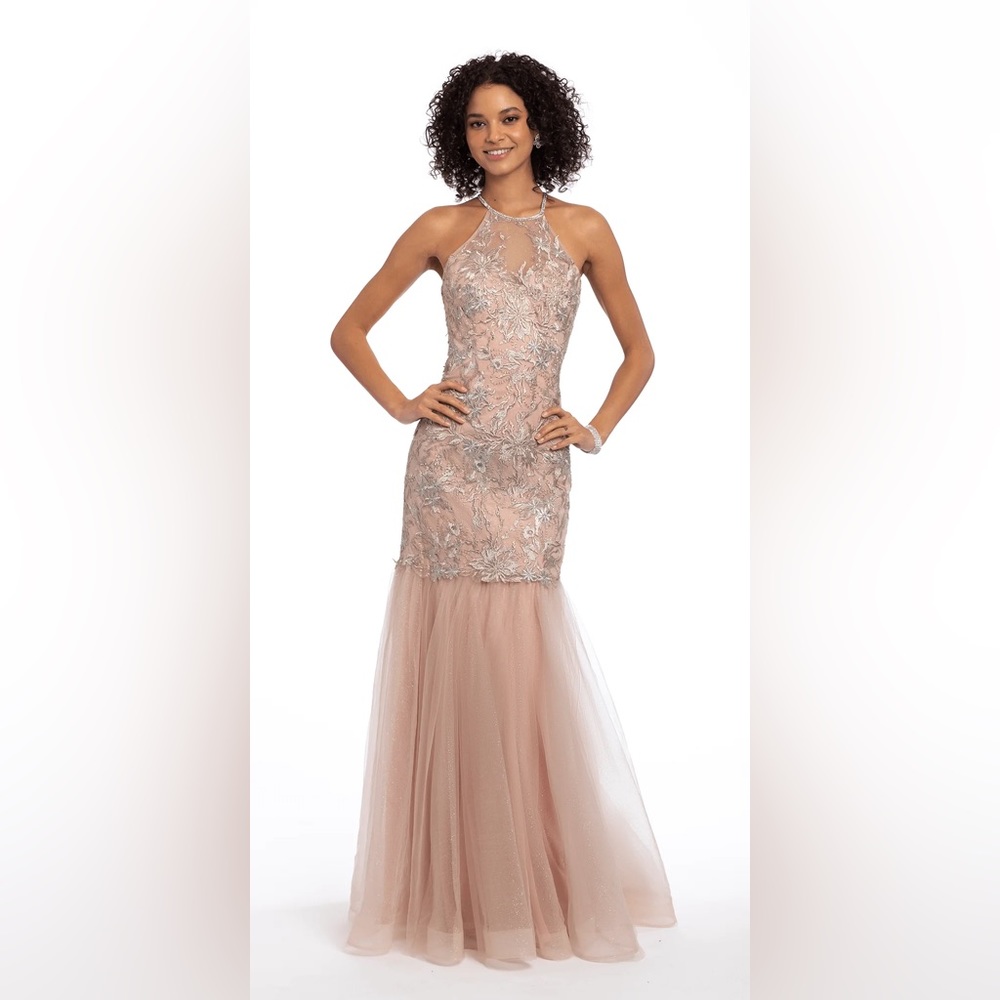 Camille La Vie: Halter Floral Embroidered Tulle Mermaid Dress